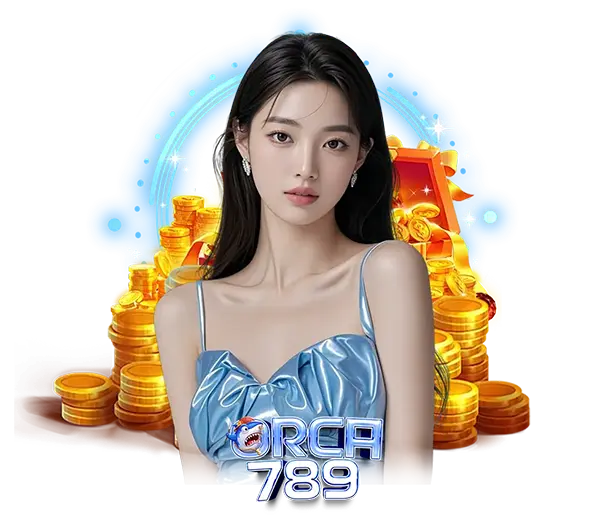 ORCA789 นางแบบสาวสวยชุดสีฟ้าเงินกับกองเหรียญทองและหีบสมบัติ ธีมคาสิโนออนไลน์พรีเมี่ยม