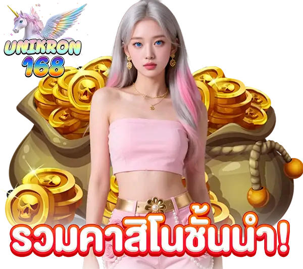 สาวผมยาวสีเงิน-ชมพู สวมเสื้อครอปสีชมพู กางเกงสีชมพู ยืนอยู่หน้ากองเหรียญทองและถุงเงินยักษ์ พร้อมโลโก้ UNIKORN 168 และข้อความ "รวมคาสิโนชั้นนำ!"