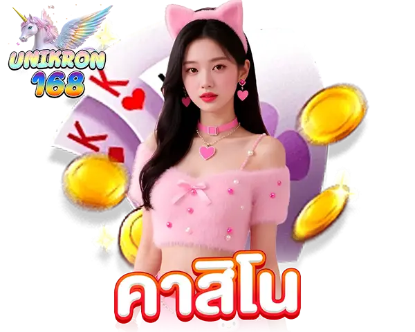 สาวผมยาวสวมหูแมวสีชมพูและเสื้อคลุมขนสีชมพู อยู่กับไพ่โป๊กเกอร์และเหรียญทองลอย พร้อมโลโก้ UNIKORN 168 และข้อความ "คาสิโน"