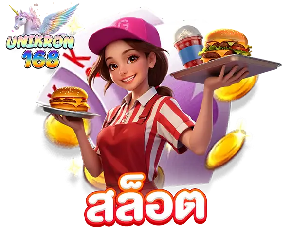 สาวพนักงานเสิร์ฟสวมหมวกและผ้ากันเปื้อนสีแดง ถือถาดแฮมเบอร์เกอร์และโค้ก อยู่กับเหรียญทองลอย พร้อมโลโก้ UNIKORN 168 และข้อความ "สล็อต"