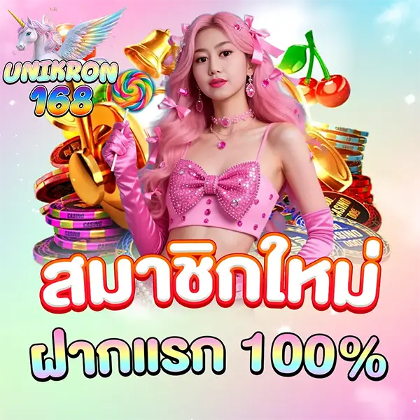 สาวผมชมพูสวมเสื้อครอปสีชมพูประดับโบว์เพชร ถือไม้ค็อกเทล อยู่กับกองชิปคาสิโนและลูกกวาด พร้อมข้อความ "สมาชิกใหม่ ฝากแรก 100%" และโลโก้ UNIKORN 168