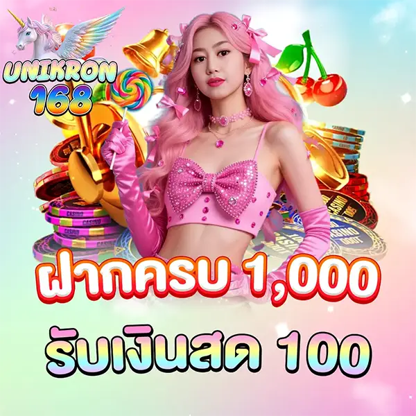 สาวผมชมพูสวมเสื้อครอปสีชมพูประดับโบว์เพชร อยู่กับกองชิปคาสิโนและลูกกวาด พร้อมข้อความโปรโมชั่น "ฝากครบ 1,000 รับเงินสด 100" และโลโก้ UNIKORN 168